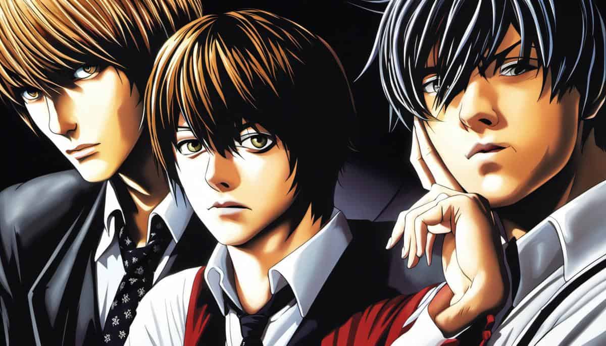 Imagen de los personajes principales de Death Note, Light Yagami y L, enfrentados entre sí en un ambiente oscuro y misterioso