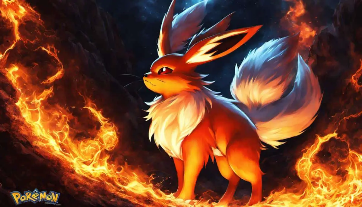 A fiery image of Extermination Flareon, highlighting its dominance and power in battles.