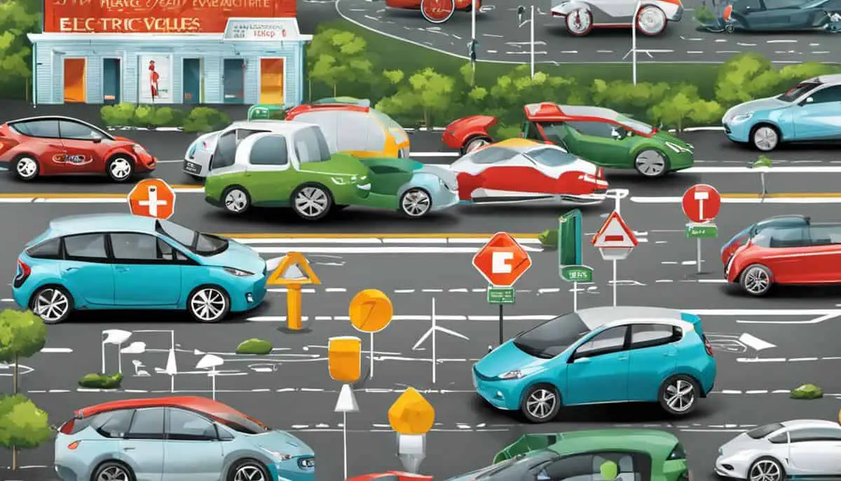 Un'immagine che illustra le dinamiche di mercato dei veicoli elettrici, mostrando una strada con auto elettriche e auto tradizionali, circondata da simboli che rappresentano infrastrutture, implicazioni economiche, cambiamenti politici, progressi tecnologici e modelli di previsione.