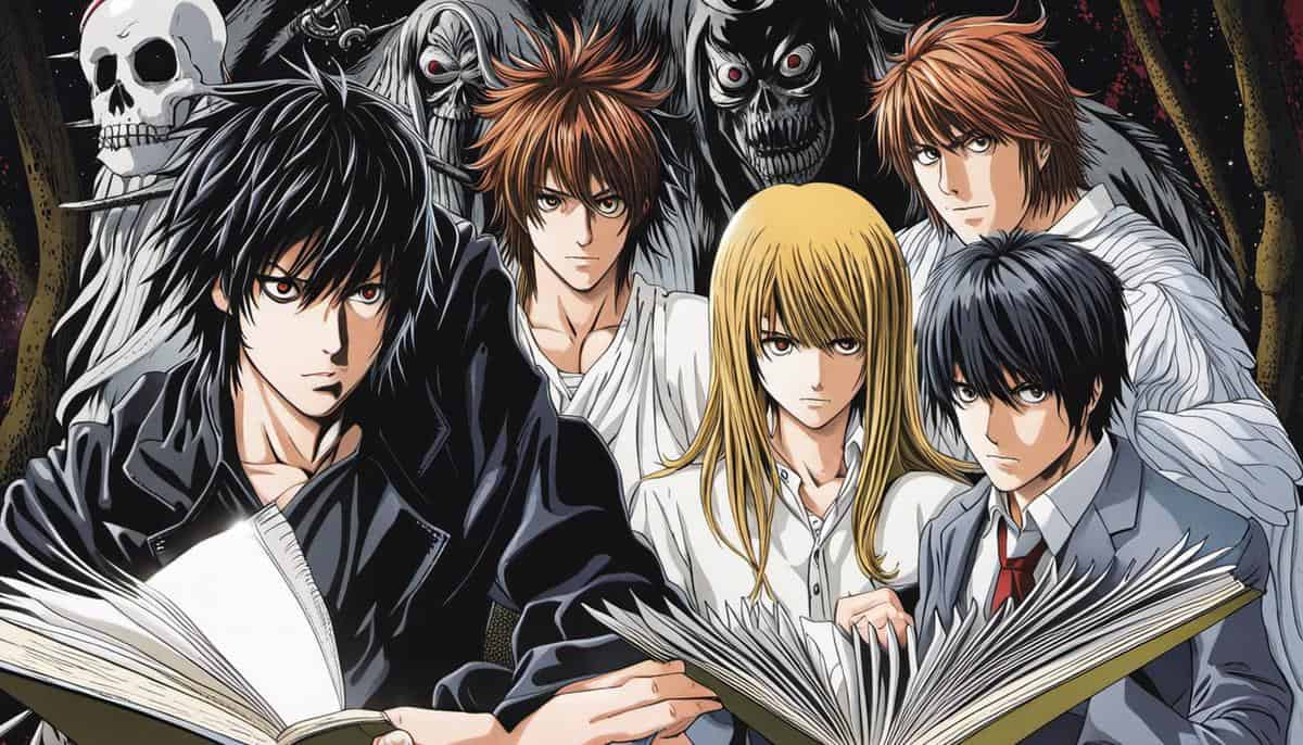 Immagini di Death Note che mostrano i personaggi principali e il libro intitolato Death Note.