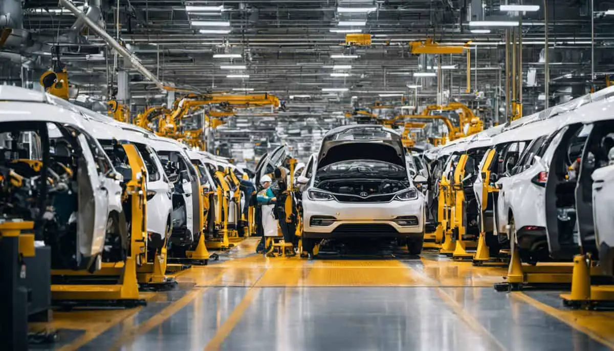 Immagine che raffigura la dislocazione dei posti di lavoro nei settori collegati, con lavoratori e veicoli elettrici in un impianto di produzione di automobili