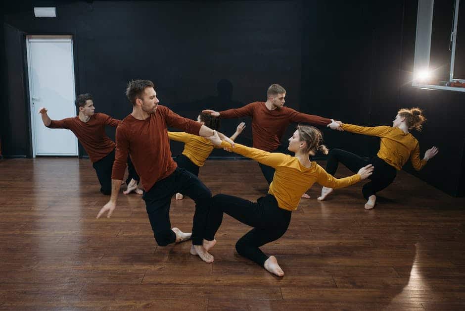 An image showing a group of dancers, full of energy and passion, performing in a vibrant dance studio.